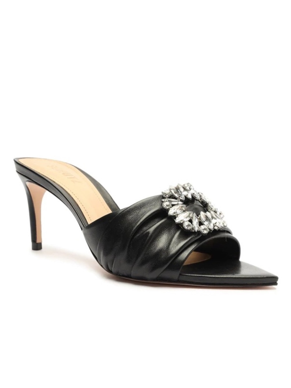 SCHUTZ Black Leather Crystal-Embellished Slide Heels
